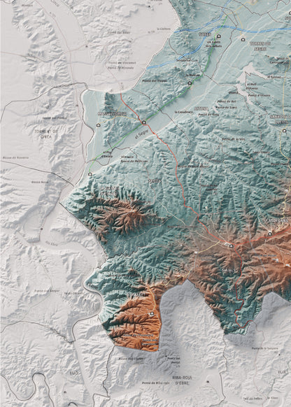 Mapa de relieve del Segrià, con el territorio en color y el entorno en blanco. Detalle de la zona inferior izquierda. 50 × 70 cm. Estilo Azul y naranja.