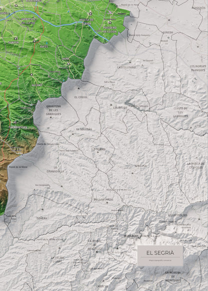 Mapa de relieve del Segrià, con el territorio en color y el entorno en blanco. Detalle de la zona inferior derecha. 50 × 70 cm. Estilo Clásico.