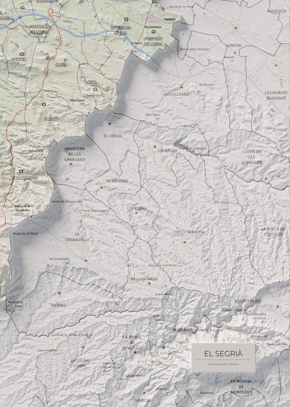 Mapa de relieve del Segrià, con el territorio en color y el entorno en blanco. Detalle de la zona inferior derecha. 50 × 70 cm. Estilo Cartográfico.