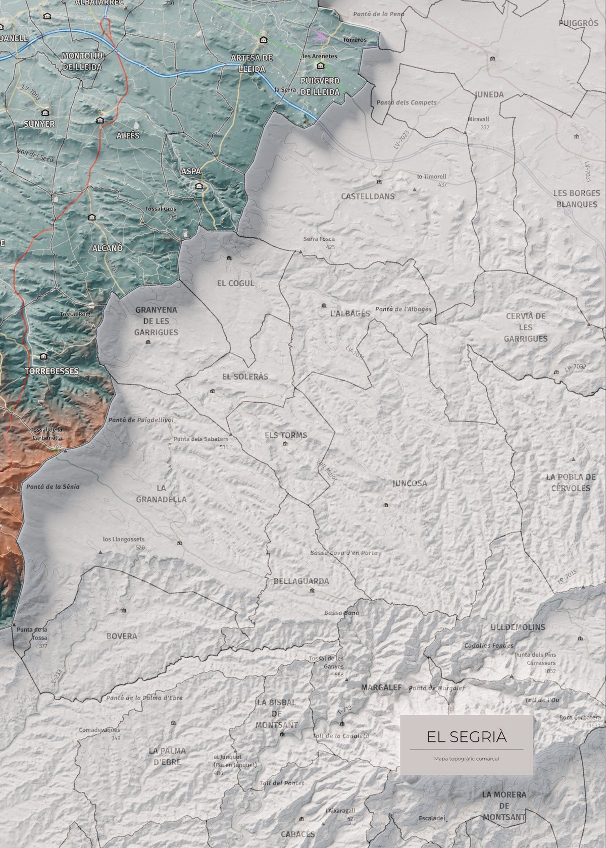 Mapa de relieve del Segrià, con el territorio en color y el entorno en blanco. Detalle de la zona inferior derecha. 50 × 70 cm. Estilo Azul y naranja.