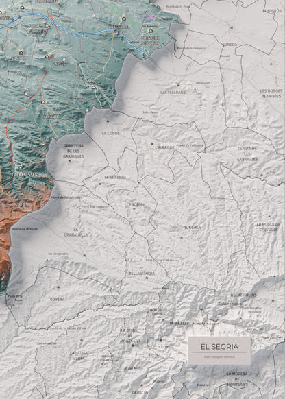 Mapa de relieve del Segrià, con el territorio en color y el entorno en blanco. Detalle de la zona inferior derecha. 50 × 70 cm. Estilo Azul y naranja.