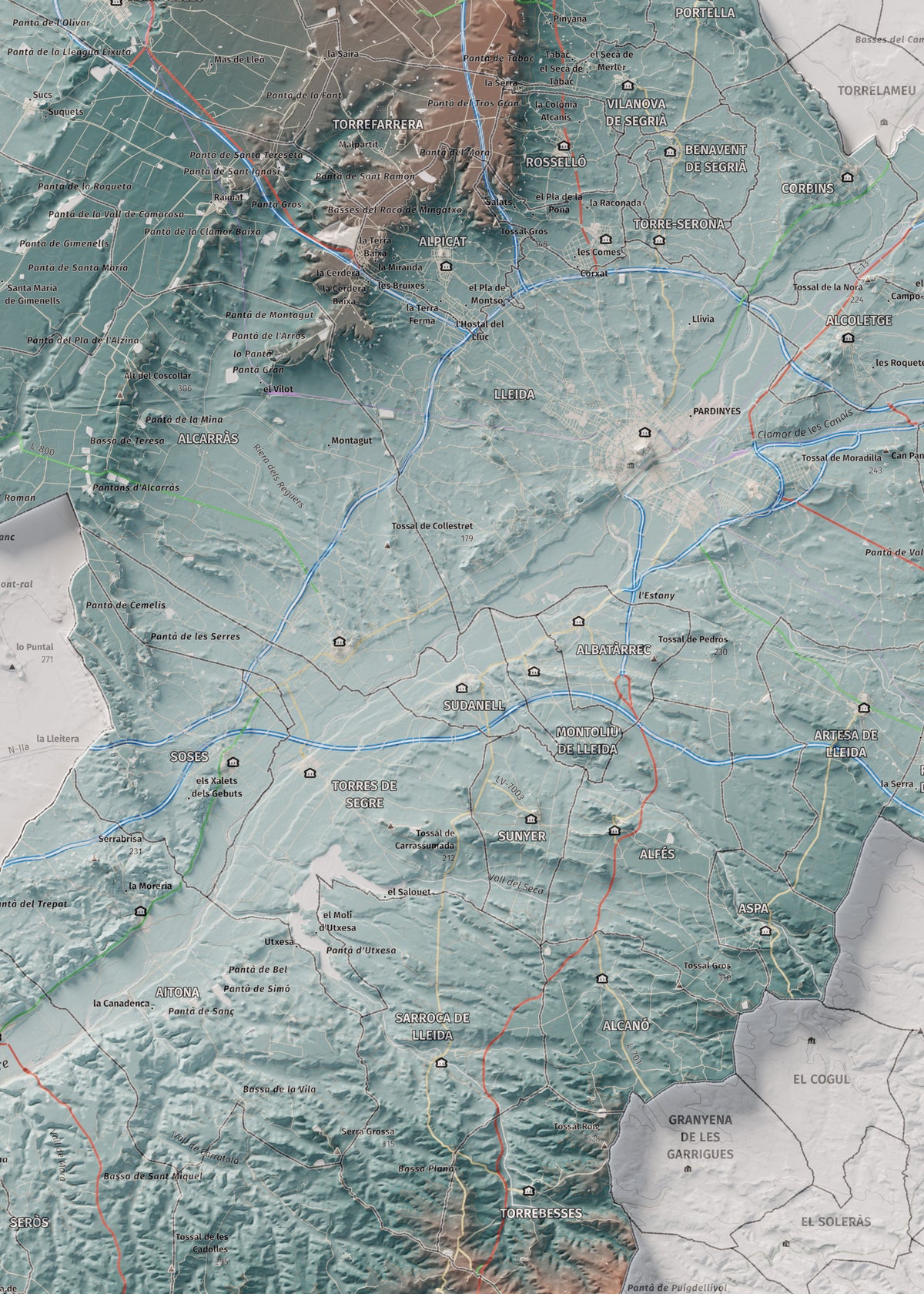 Mapa de relieve del Segrià, con el territorio en color y el entorno en blanco. Detalle de la zona central. 50 × 70 cm. Estilo Azul y naranja.