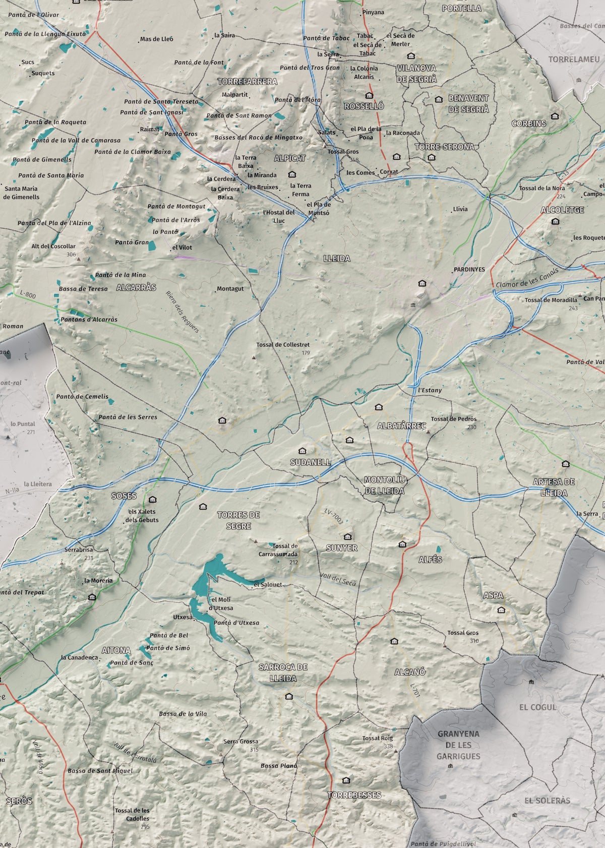 Mapa de relieve del Segrià, con el territorio en color y el entorno en blanco. Detalle de la zona central. 50 × 70 cm. Estilo Cartográfico.