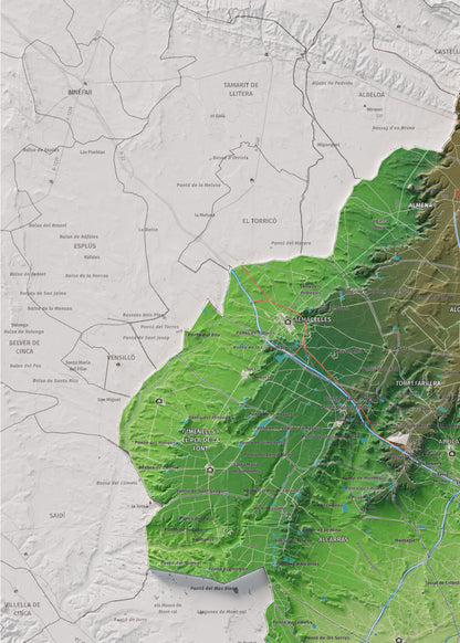 Mapa de relieve del Segrià, con el territorio en color y el entorno en blanco. Detalle de la zona superior izquierda. 50 × 70 cm. Estilo Clásico.