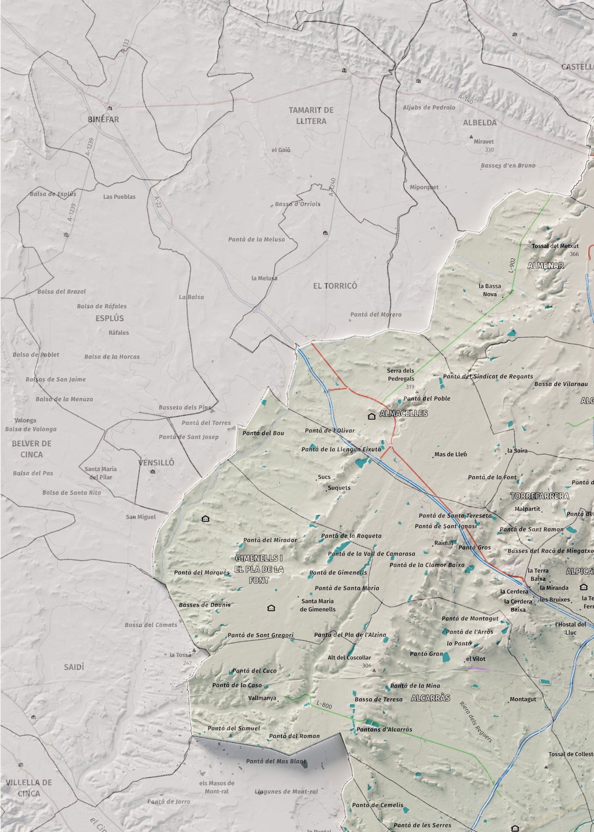 Mapa de relieve del Segrià, con el territorio en color y el entorno en blanco. Detalle de la zona superior izquierda. 50 × 70 cm. Estilo Cartográfico.