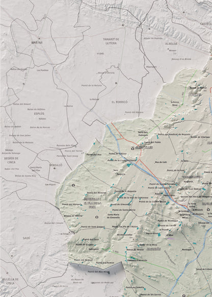 Mapa de relieve del Segrià, con el territorio en color y el entorno en blanco. Detalle de la zona superior izquierda. 50 × 70 cm. Estilo Cartográfico.