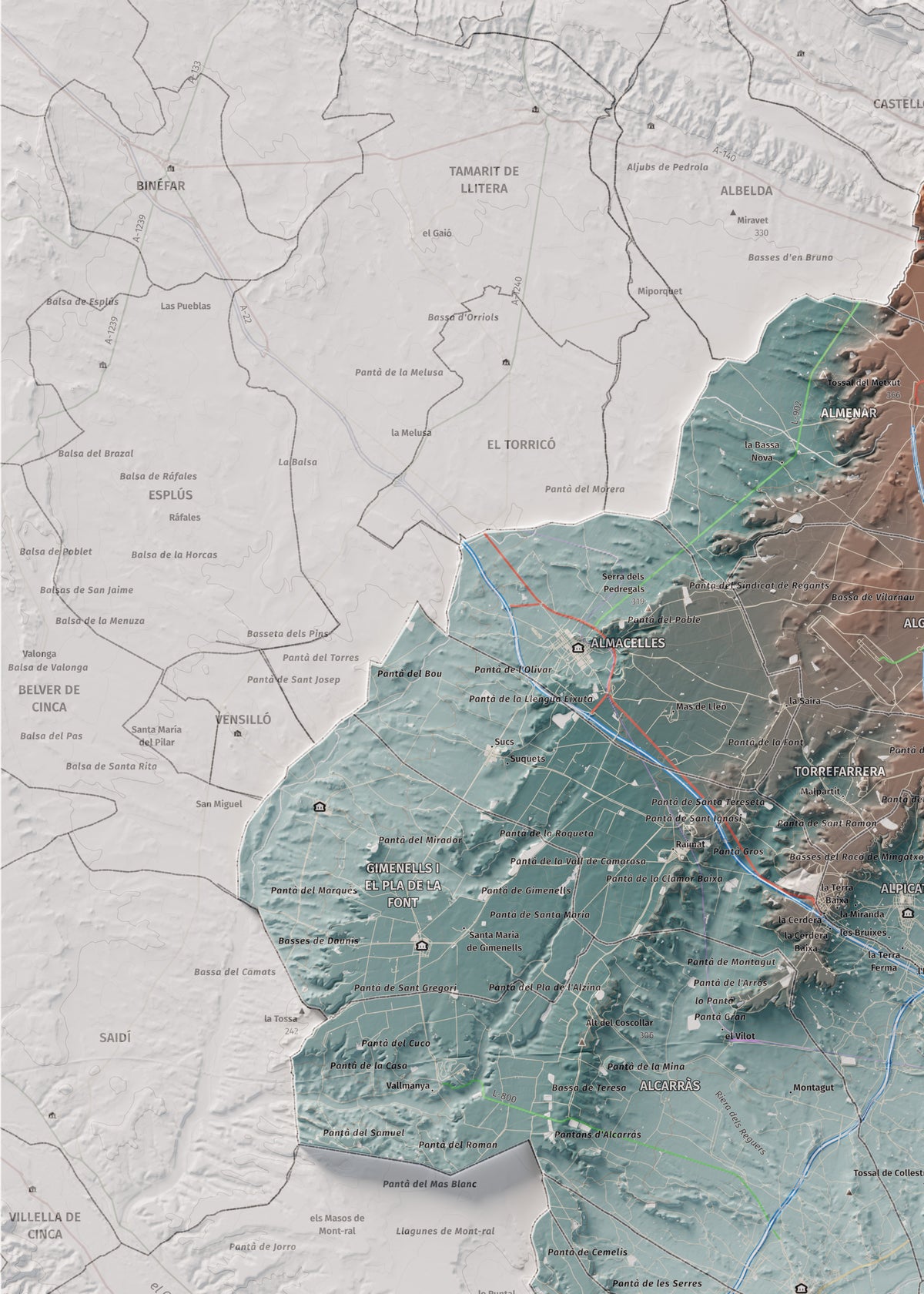 Mapa de relieve del Segrià, con el territorio en color y el entorno en blanco. Detalle de la zona superior izquierda. 50 × 70 cm. Estilo Azul y naranja.