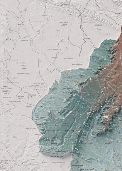 Mapa de relieve del Segrià, con el territorio en color y el entorno en blanco. Detalle de la zona superior izquierda. 50 × 70 cm. Estilo Azul y naranja.