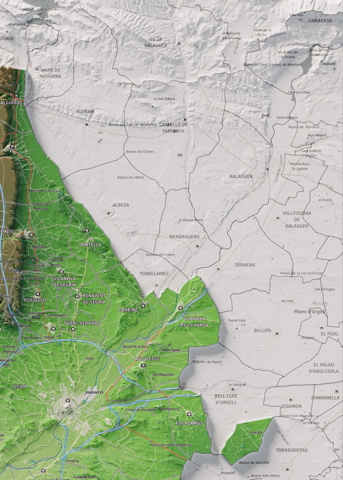 Mapa de relieve del Segrià, con el territorio en color y el entorno en blanco. Detalle de la zona superior derecha. 50 × 70 cm. Estilo Clásico.