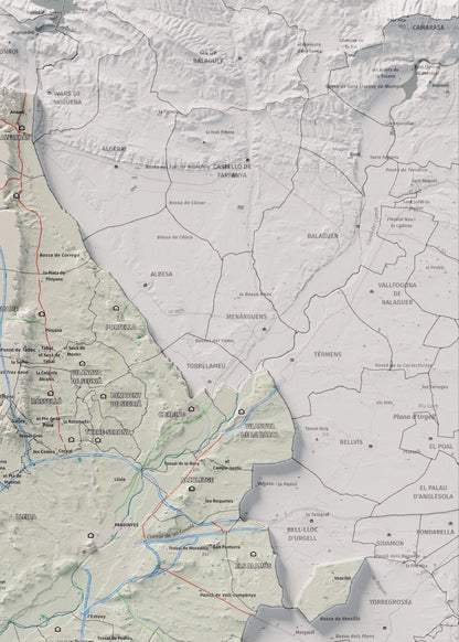 Mapa de relieve del Segrià, con el territorio en color y el entorno en blanco. Detalle de la zona superior derecha. 50 × 70 cm. Estilo Cartográfico.