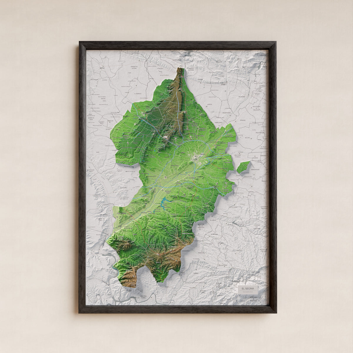 Mapa de relieve del Segrià, con el territorio en color y el entorno en blanco. Presentación con marco. 50 × 70 cm. Estilo Clásico.