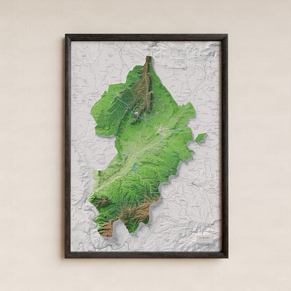 Mapa de relieve del Segrià, con el territorio en color y el entorno en blanco. Presentación con marco. 50 × 70 cm. Estilo Clásico.