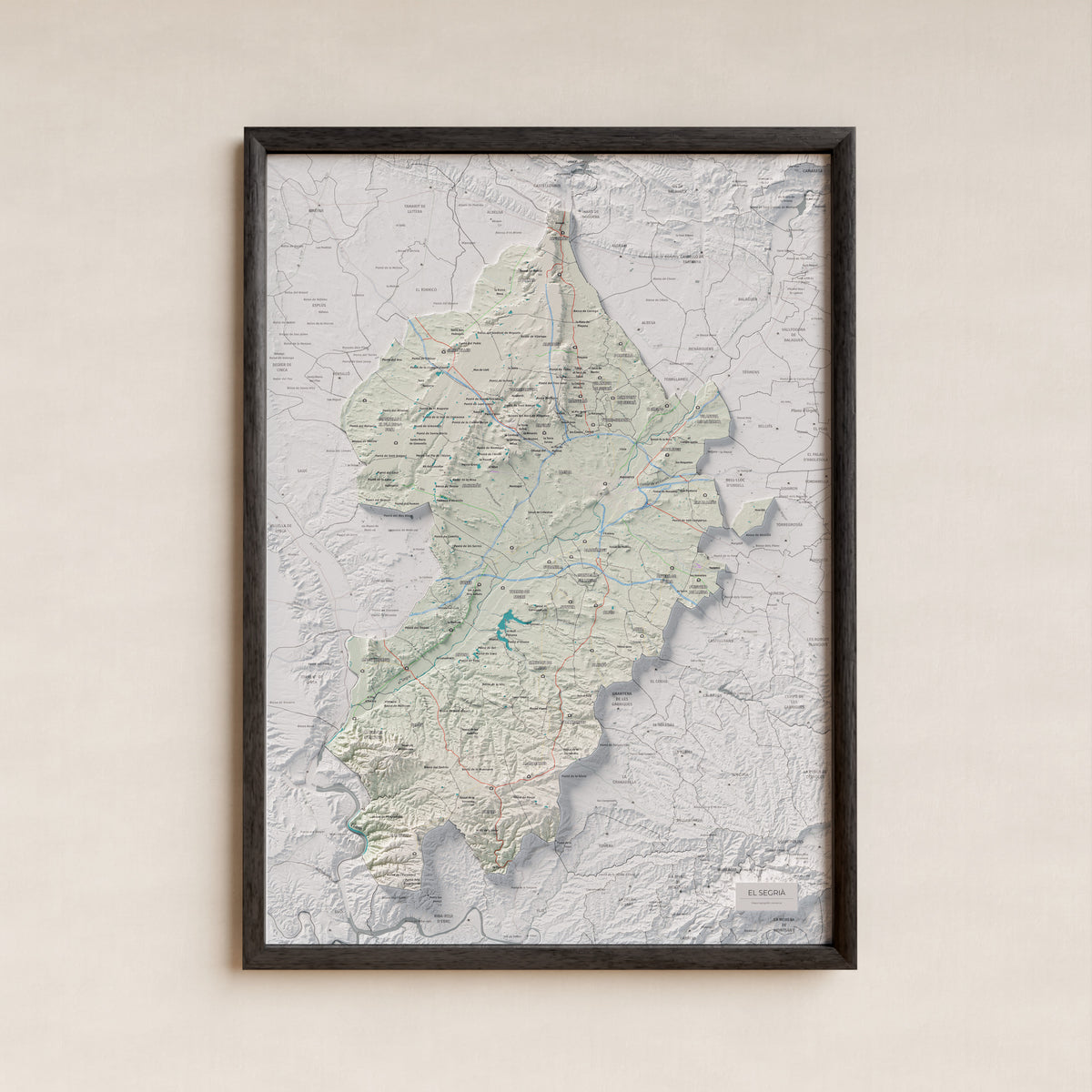Mapa de relieve del Segrià, con el territorio en color y el entorno en blanco. Presentación con marco. 50 × 70 cm. Estilo Cartográfico.
