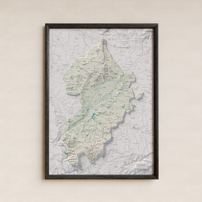 Mapa de relieve del Segrià, con el territorio en color y el entorno en blanco. Presentación con marco. 50 × 70 cm. Estilo Cartográfico.