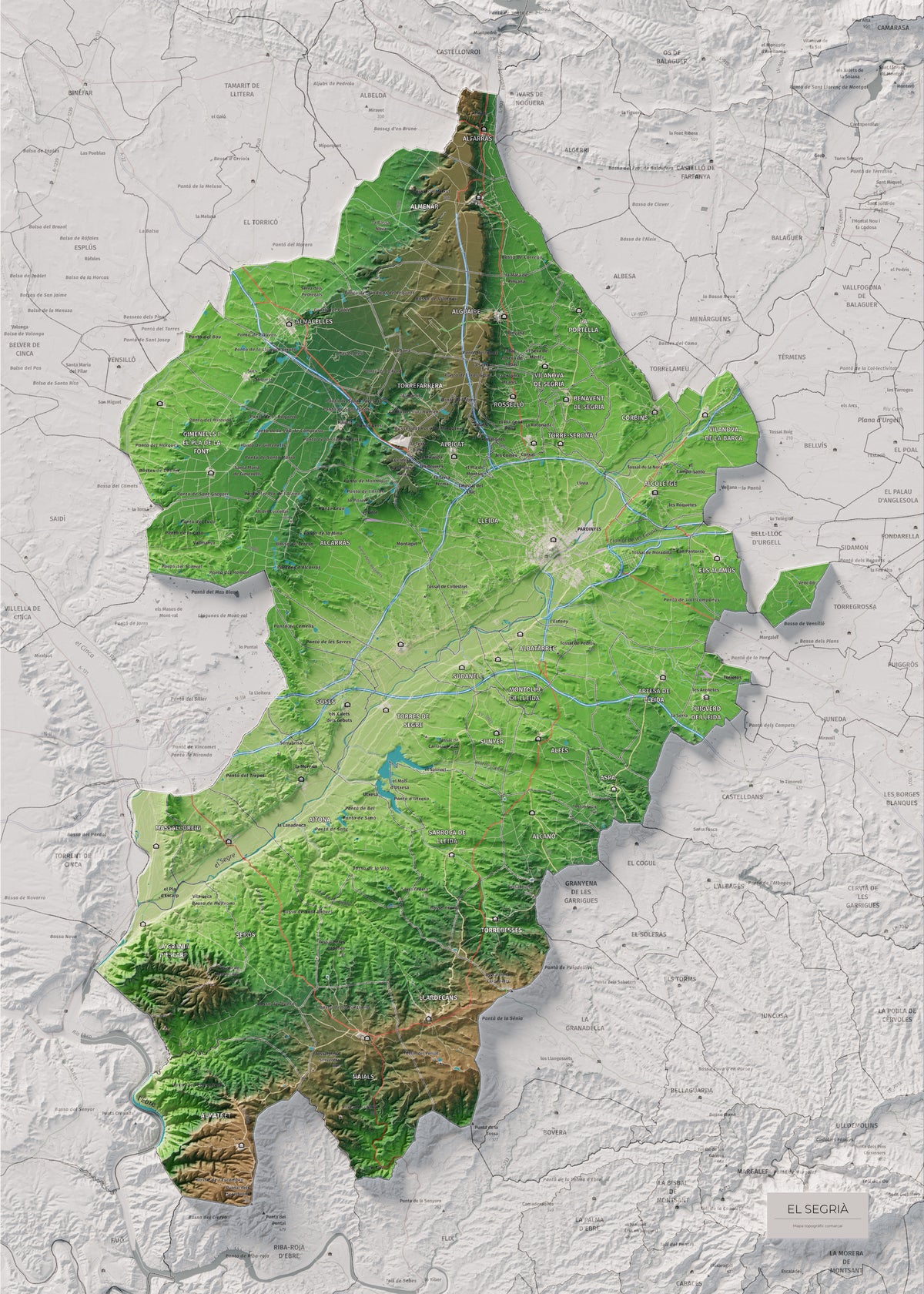 Mapa de relieve del Segrià, con el territorio en color y el entorno en blanco. Vista completa de la lámina. 50 × 70 cm. Estilo Clásico.