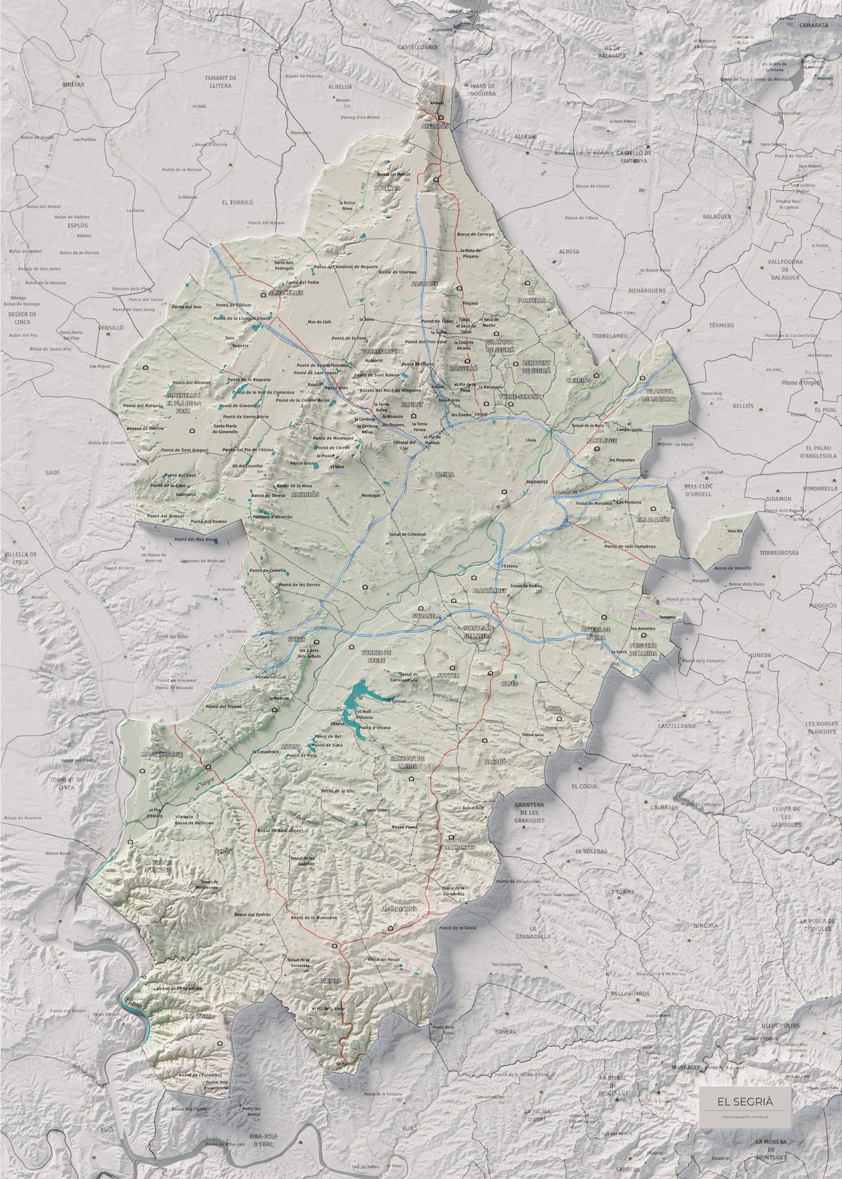 Mapa de relieve del Segrià, con el territorio en color y el entorno en blanco. Vista completa de la lámina. 50 × 70 cm. Estilo Cartográfico.