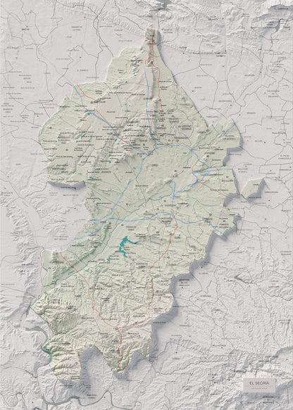 Mapa de relieve del Segrià, con el territorio en color y el entorno en blanco. Vista completa de la lámina. 50 × 70 cm. Estilo Cartográfico.
