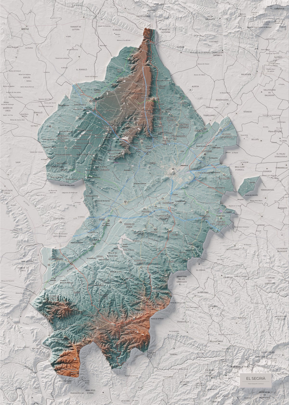 Mapa de relieve del Segrià, con el territorio en color y el entorno en blanco. Vista completa de la lámina. 50 × 70 cm. Estilo Azul y naranja.