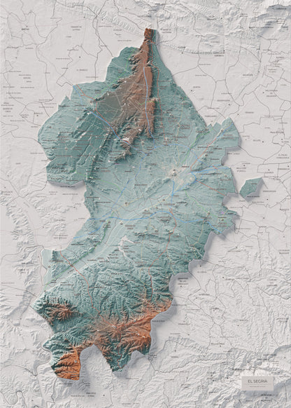 Mapa de relieve del Segrià, con el territorio en color y el entorno en blanco. Vista completa de la lámina. 50 × 70 cm. Estilo Azul y naranja.
