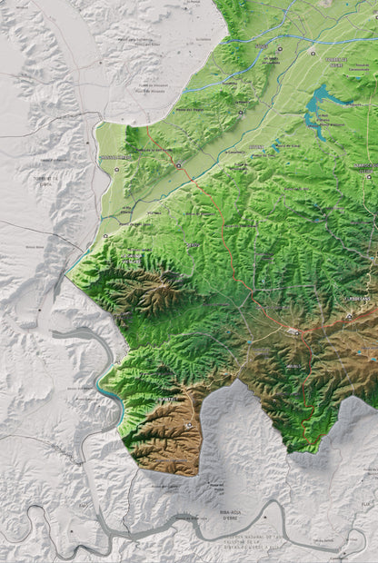 Mapa de relieve del Segrià, con el territorio en color y el entorno en blanco. Detalle de la zona inferior izquierda. 61 × 91 cm. Estilo Clásico.
