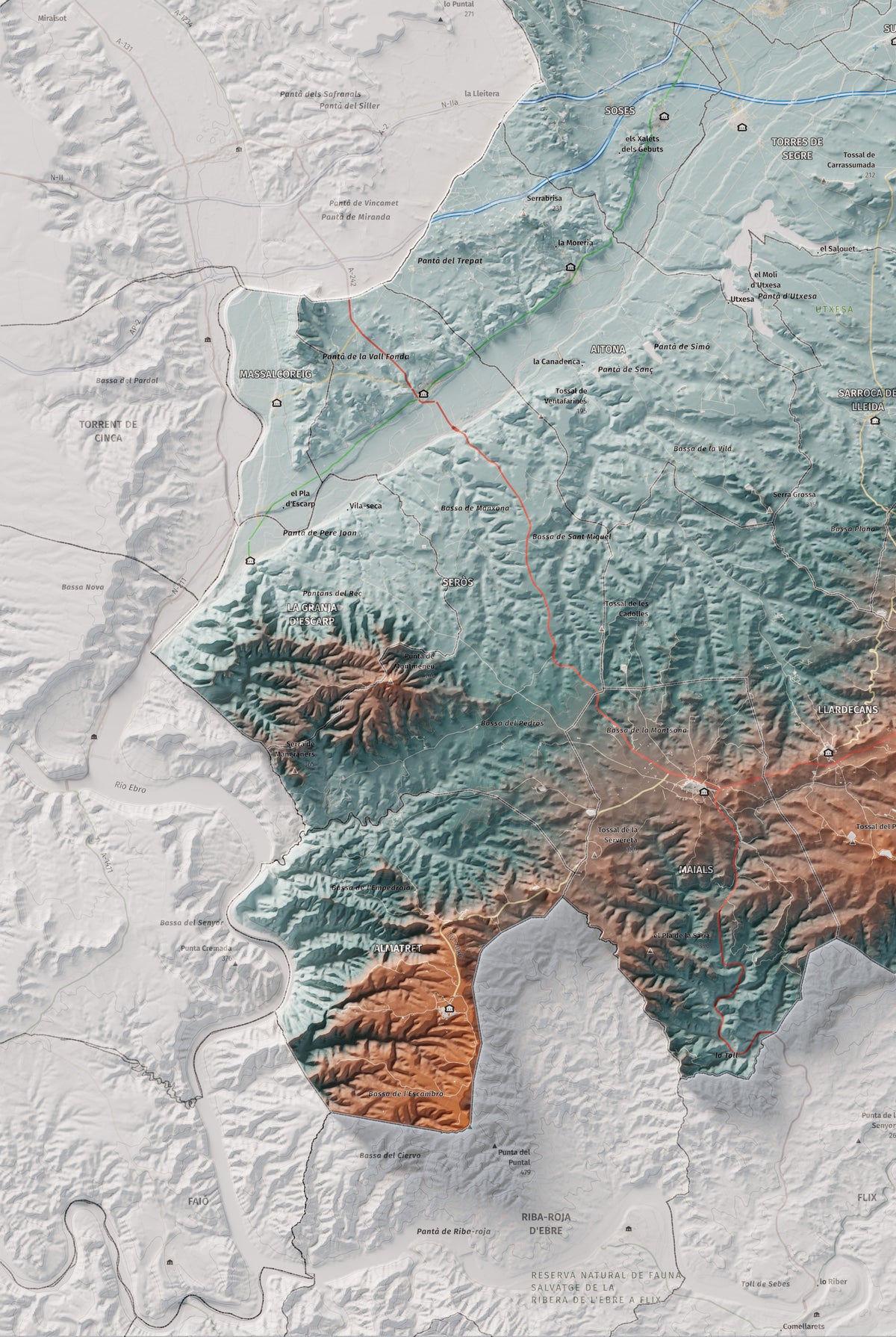 Mapa de relieve del Segrià, con el territorio en color y el entorno en blanco. Detalle de la zona inferior izquierda. 61 × 91 cm. Estilo Azul y naranja.