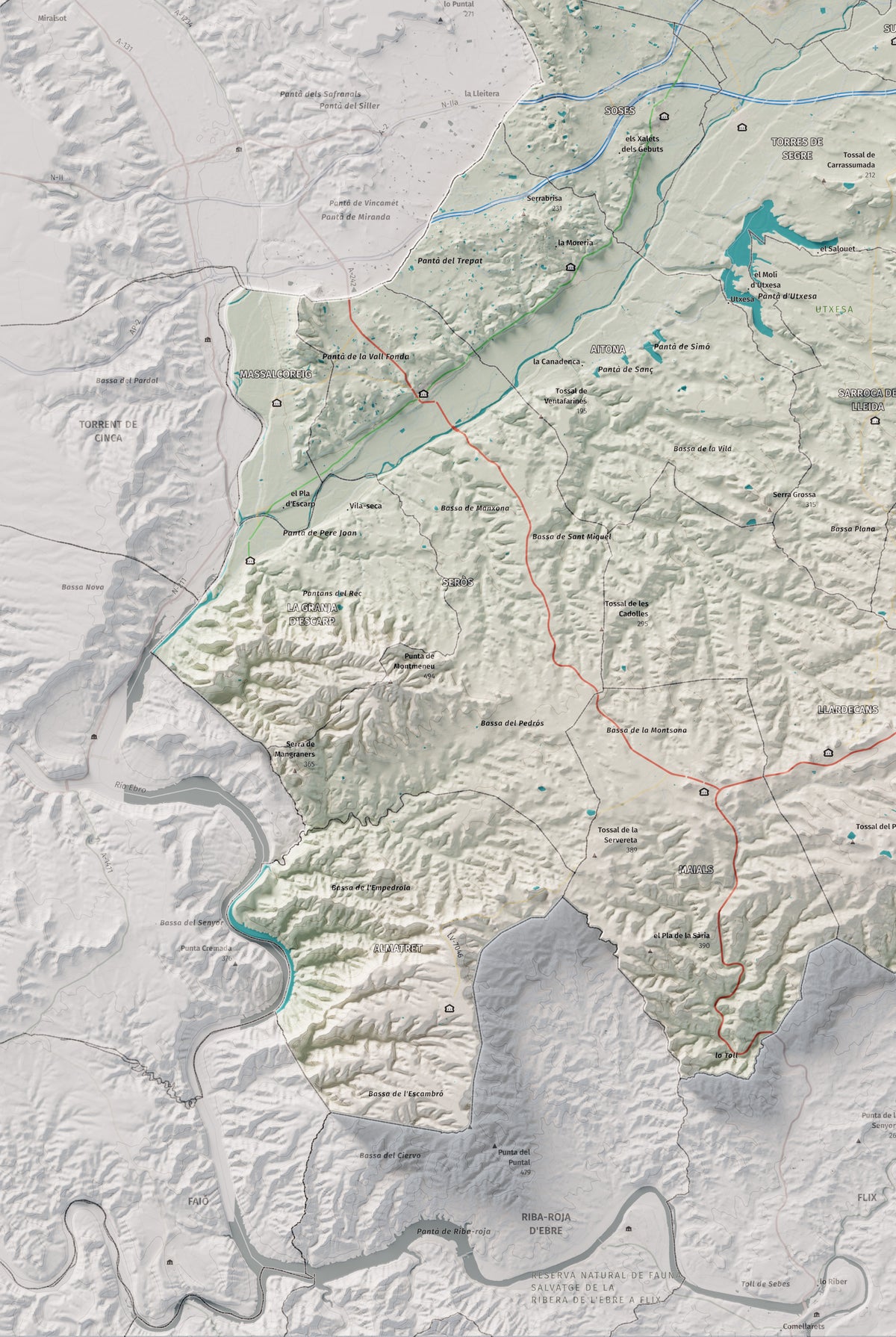Mapa de relieve del Segrià, con el territorio en color y el entorno en blanco. Detalle de la zona inferior izquierda. 61 × 91 cm. Estilo Cartográfico.