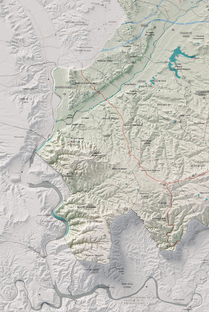 Mapa de relieve del Segrià, con el territorio en color y el entorno en blanco. Detalle de la zona inferior izquierda. 61 × 91 cm. Estilo Cartográfico.