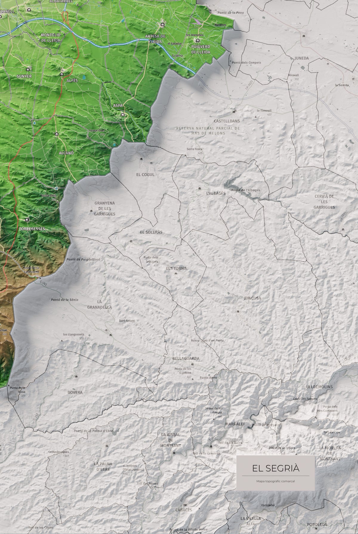 Mapa de relieve del Segrià, con el territorio en color y el entorno en blanco. Detalle de la zona inferior derecha. 61 × 91 cm. Estilo Clásico.