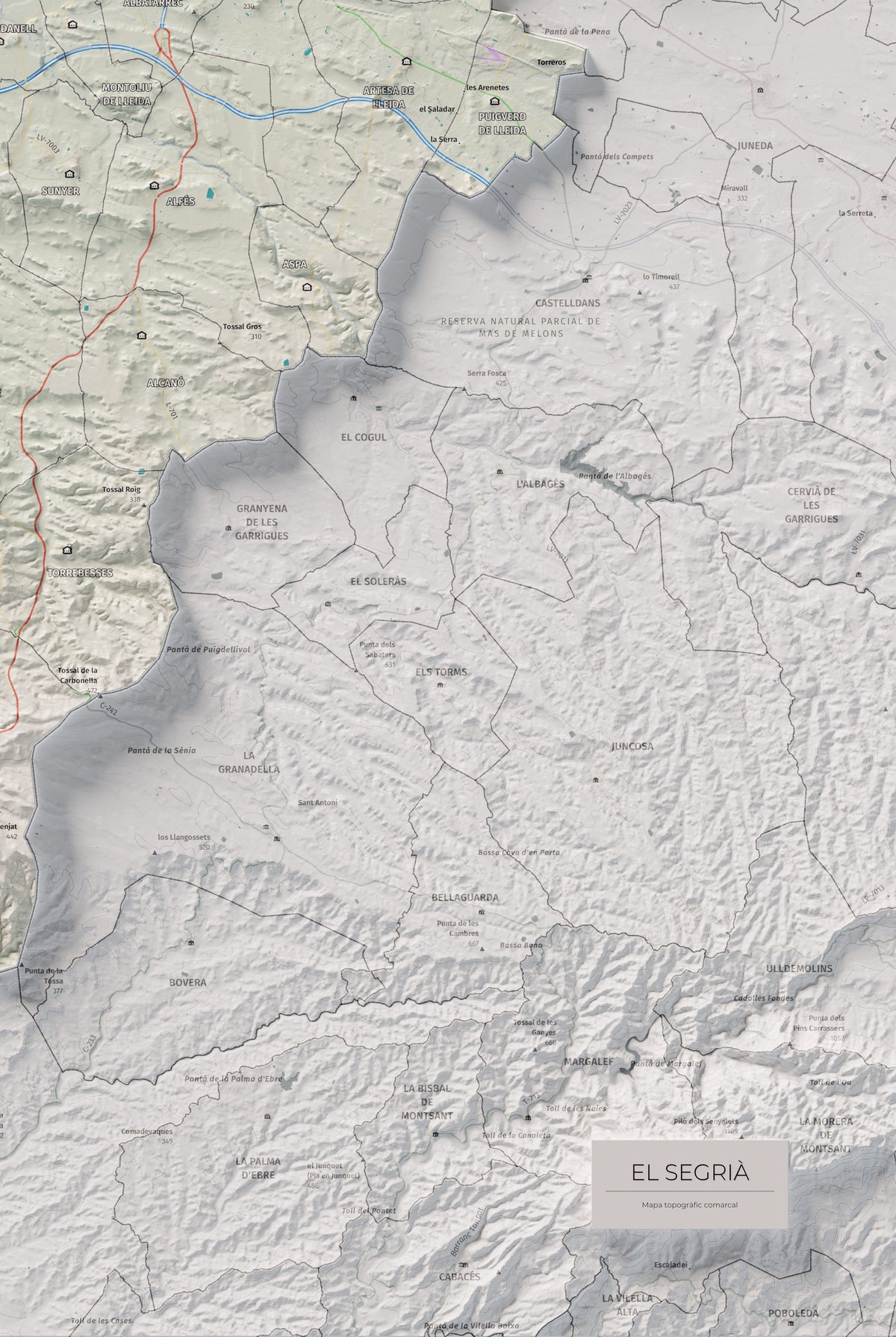 Mapa de relieve del Segrià, con el territorio en color y el entorno en blanco. Detalle de la zona inferior derecha. 61 × 91 cm. Estilo Cartográfico.