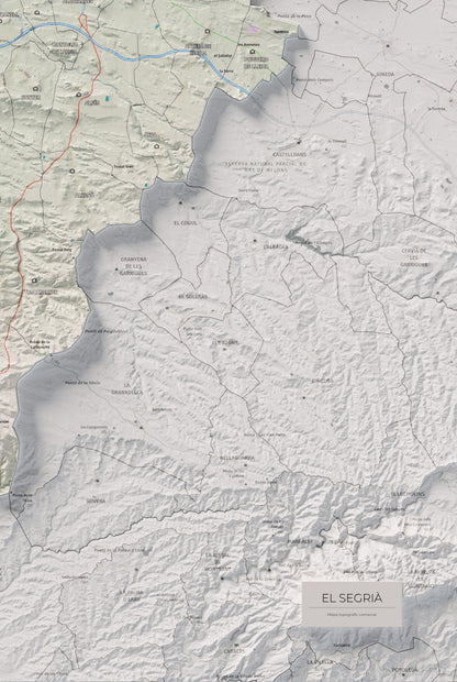 Mapa de relieve del Segrià, con el territorio en color y el entorno en blanco. Detalle de la zona inferior derecha. 61 × 91 cm. Estilo Cartográfico.