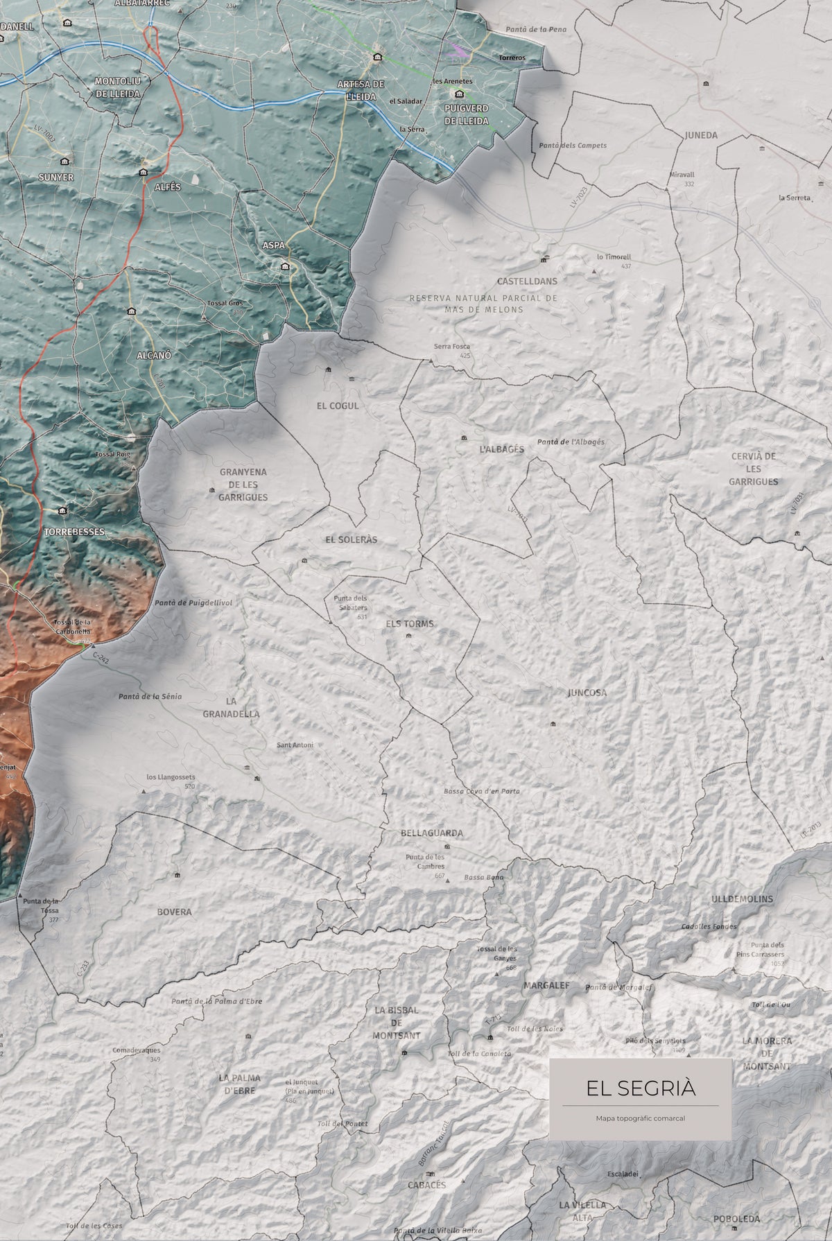 Mapa de relieve del Segrià, con el territorio en color y el entorno en blanco. Detalle de la zona inferior derecha. 61 × 91 cm. Estilo Azul y naranja.