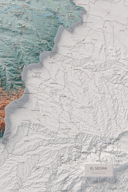 Mapa de relieve del Segrià, con el territorio en color y el entorno en blanco. Detalle de la zona inferior derecha. 61 × 91 cm. Estilo Azul y naranja.