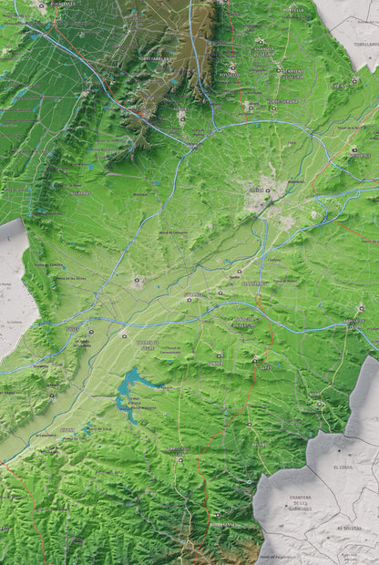 Mapa de relieve del Segrià, con el territorio en color y el entorno en blanco. Detalle de la zona central. 61 × 91 cm. Estilo Clásico.
