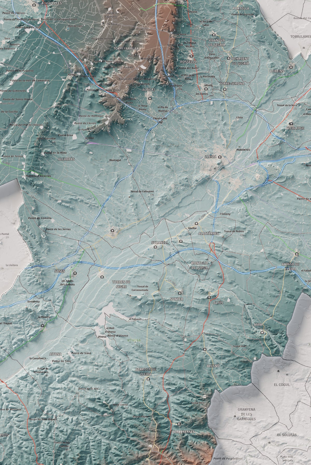 Mapa de relieve del Segrià, con el territorio en color y el entorno en blanco. Detalle de la zona central. 61 × 91 cm. Estilo Azul y naranja.