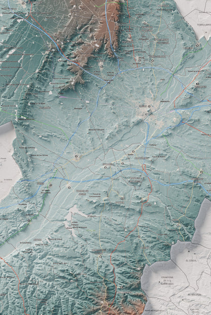 Mapa de relieve del Segrià, con el territorio en color y el entorno en blanco. Detalle de la zona central. 61 × 91 cm. Estilo Azul y naranja.
