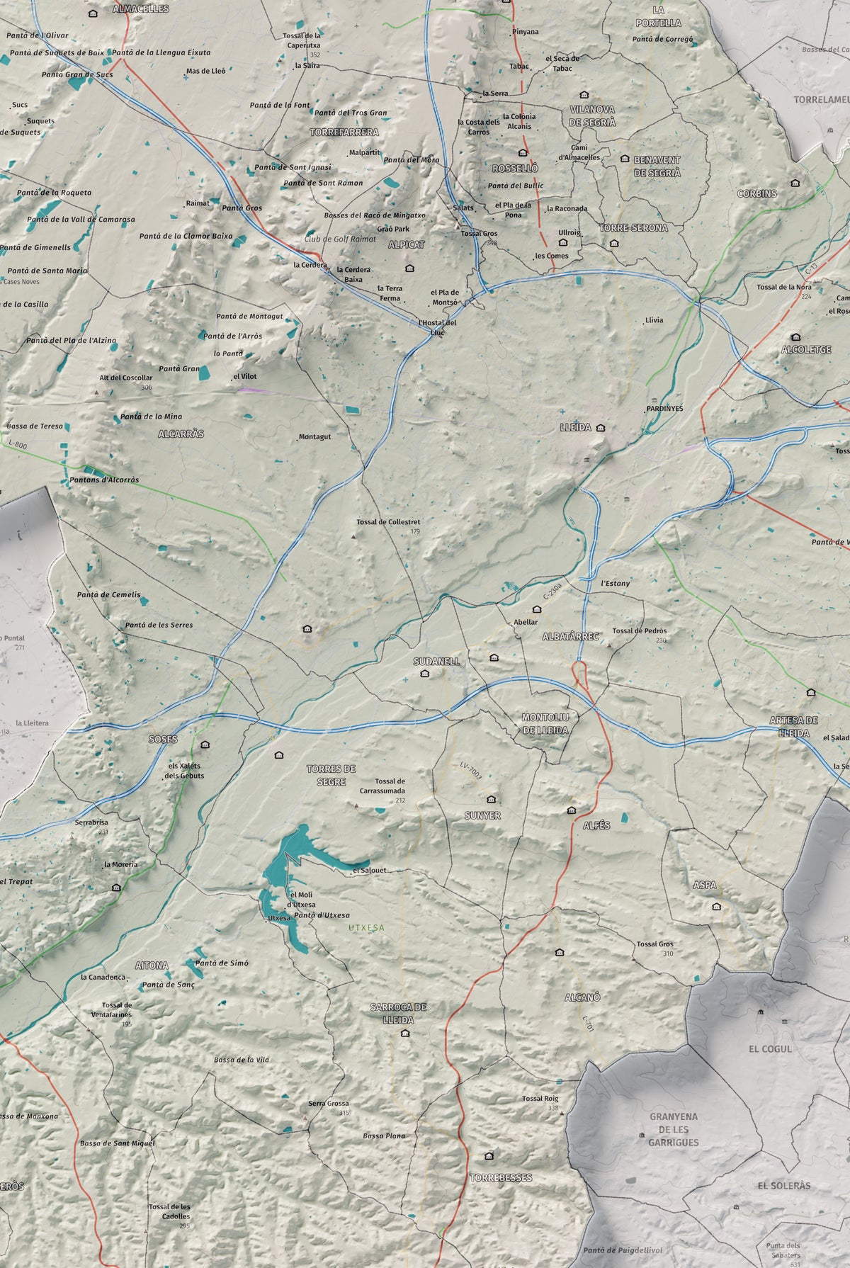 Mapa de relieve del Segrià, con el territorio en color y el entorno en blanco. Detalle de la zona central. 61 × 91 cm. Estilo Cartográfico.