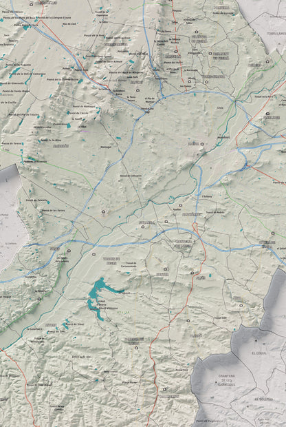 Mapa de relieve del Segrià, con el territorio en color y el entorno en blanco. Detalle de la zona central. 61 × 91 cm. Estilo Cartográfico.