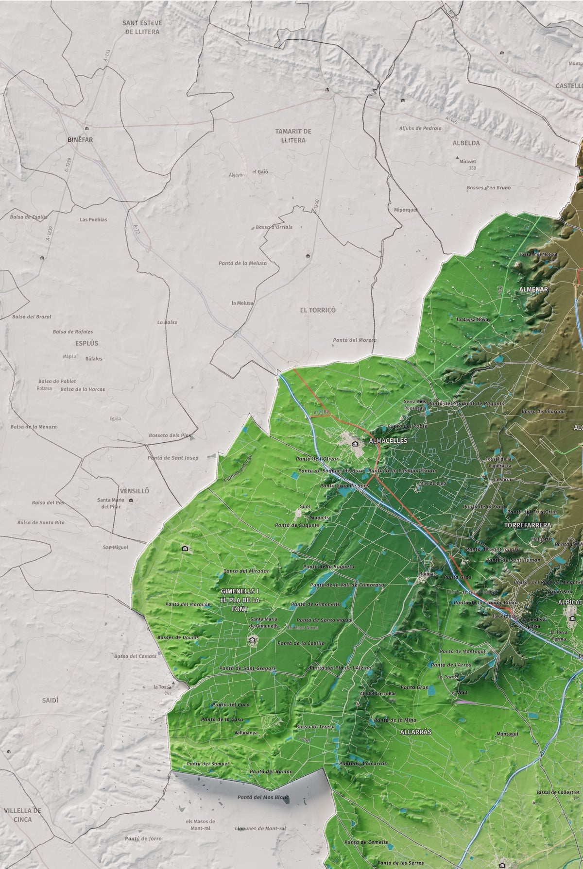 Mapa de relieve del Segrià, con el territorio en color y el entorno en blanco. Detalle de la zona superior izquierda. 61 × 91 cm. Estilo Clásico.