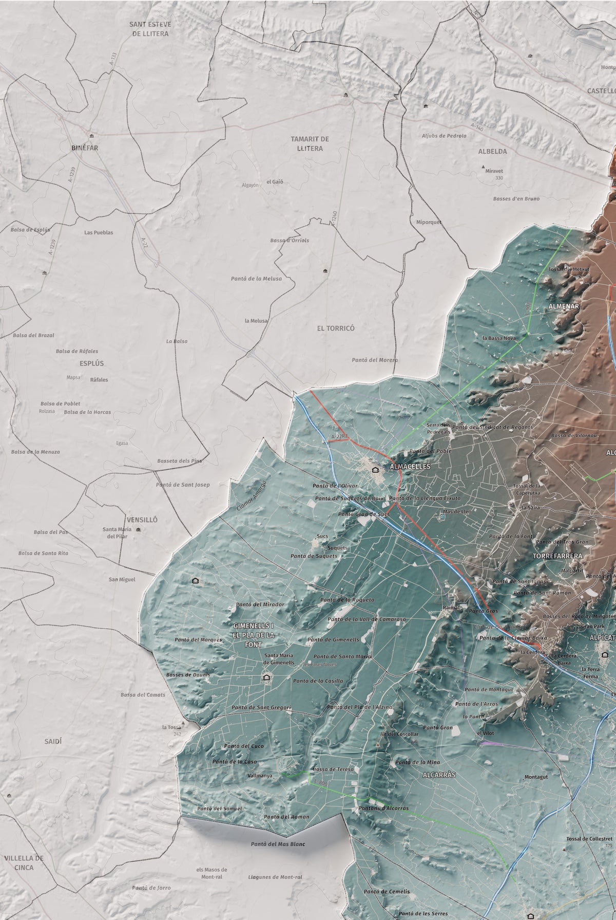 Mapa de relieve del Segrià, con el territorio en color y el entorno en blanco. Detalle de la zona superior izquierda. 61 × 91 cm. Estilo Azul y naranja.