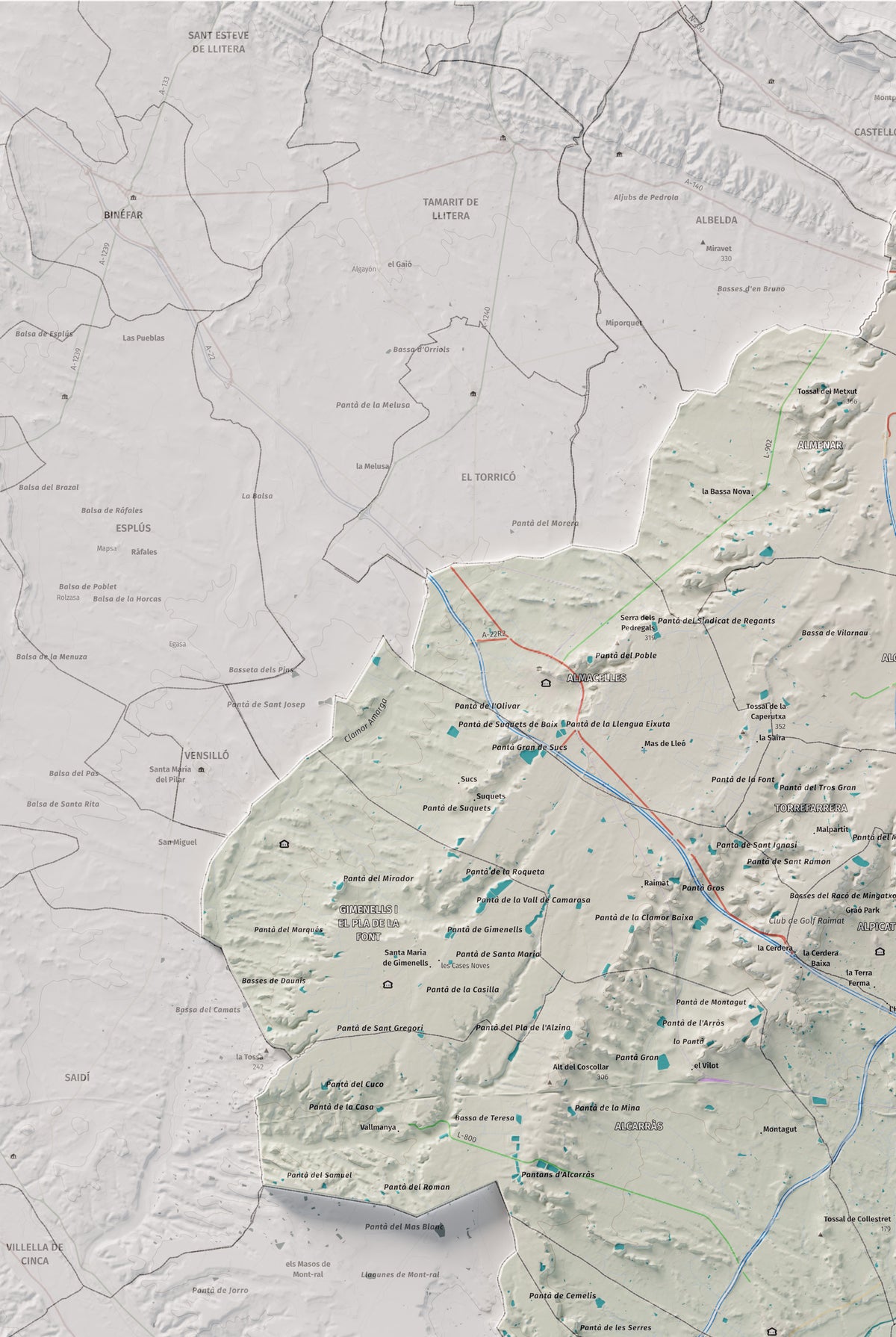 Mapa de relieve del Segrià, con el territorio en color y el entorno en blanco. Detalle de la zona superior izquierda. 61 × 91 cm. Estilo Cartográfico.