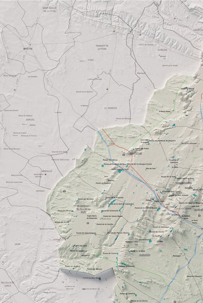 Mapa de relieve del Segrià, con el territorio en color y el entorno en blanco. Detalle de la zona superior izquierda. 61 × 91 cm. Estilo Cartográfico.
