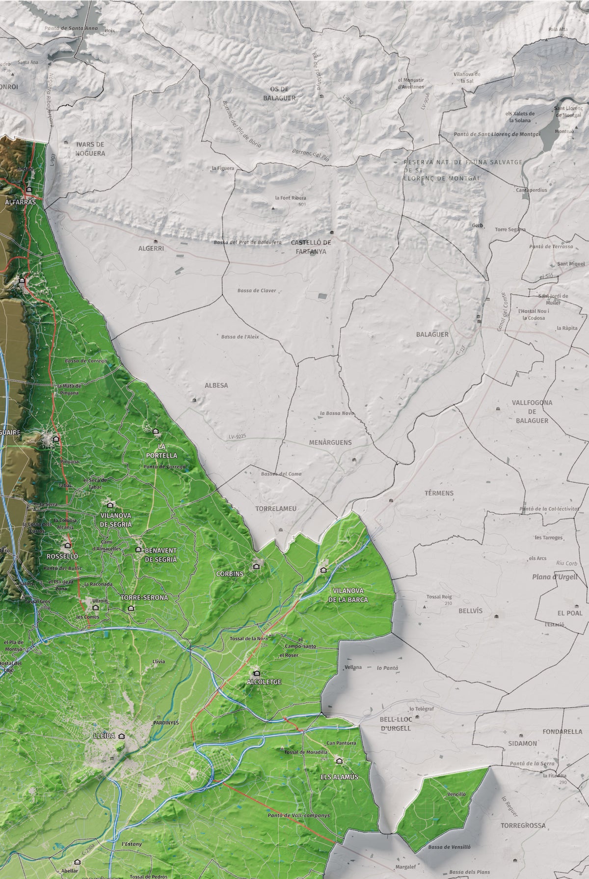 Mapa de relieve del Segrià, con el territorio en color y el entorno en blanco. Detalle de la zona superior derecha. 61 × 91 cm. Estilo Clásico.