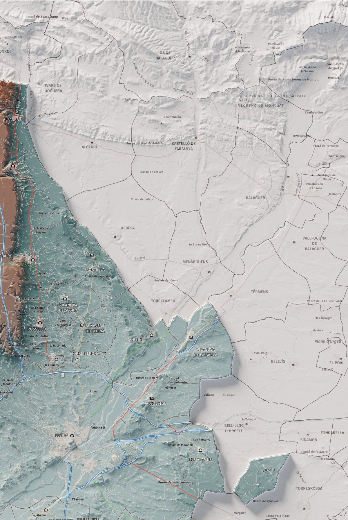 Mapa de relieve del Segrià, con el territorio en color y el entorno en blanco. Detalle de la zona superior derecha. 61 × 91 cm. Estilo Azul y naranja.