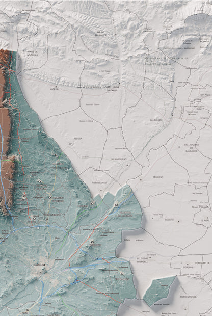 Mapa de relieve del Segrià, con el territorio en color y el entorno en blanco. Detalle de la zona superior derecha. 61 × 91 cm. Estilo Azul y naranja.