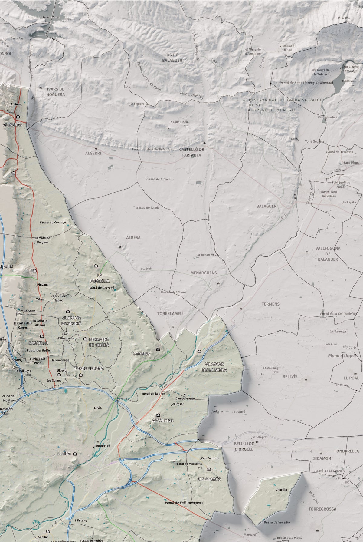 Mapa de relieve del Segrià, con el territorio en color y el entorno en blanco. Detalle de la zona superior derecha. 61 × 91 cm. Estilo Cartográfico.