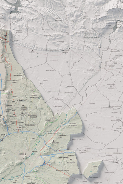 Mapa de relieve del Segrià, con el territorio en color y el entorno en blanco. Detalle de la zona superior derecha. 61 × 91 cm. Estilo Cartográfico.
