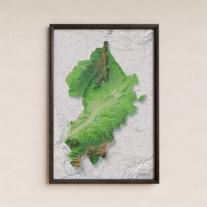 Mapa de relieve del Segrià, con el territorio en color y el entorno en blanco. Presentación con marco. 61 × 91 cm. Estilo Clásico.