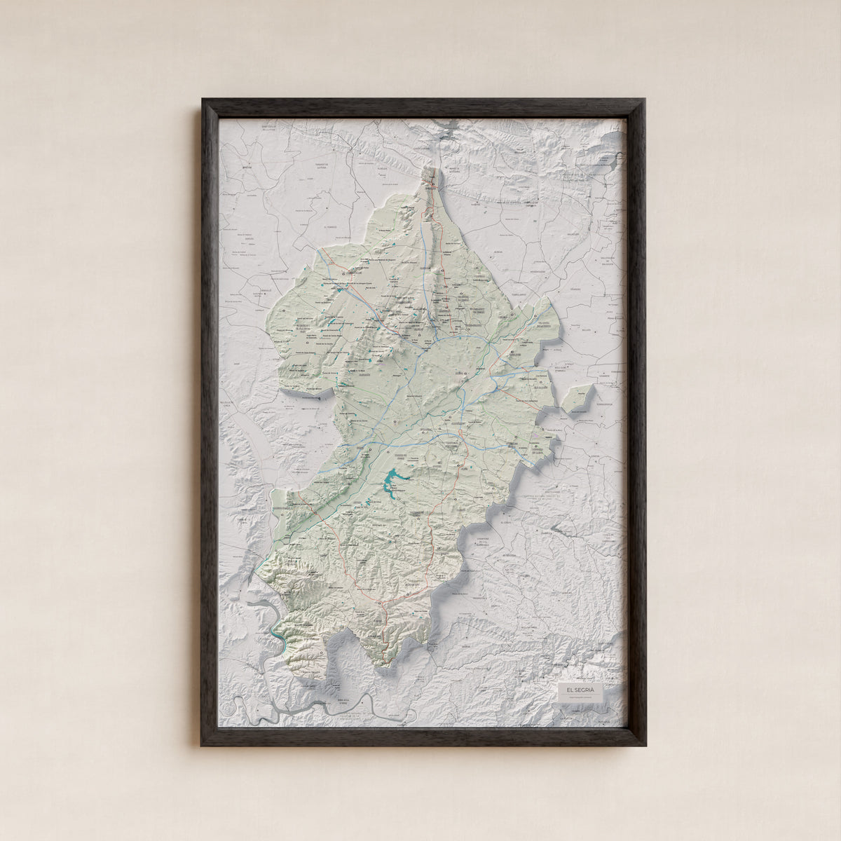 Mapa de relieve del Segrià, con el territorio en color y el entorno en blanco. Presentación con marco. 61 × 91 cm. Estilo Cartográfico.