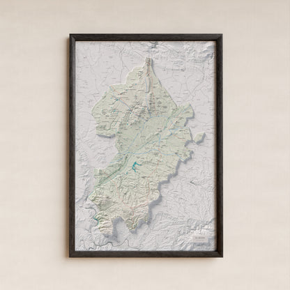 Mapa de relieve del Segrià, con el territorio en color y el entorno en blanco. Presentación con marco. 61 × 91 cm. Estilo Cartográfico.