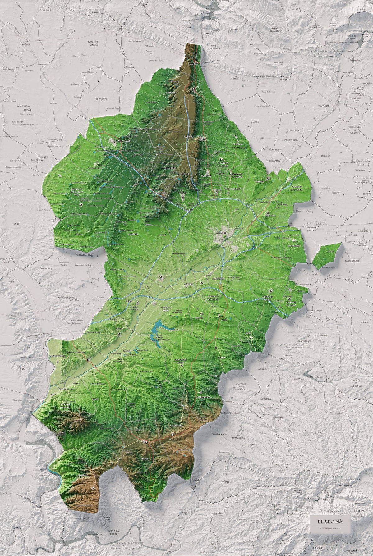 Mapa de relieve del Segrià, con el territorio en color y el entorno en blanco. Vista completa de la lámina. 61 × 91 cm. Estilo Clásico.